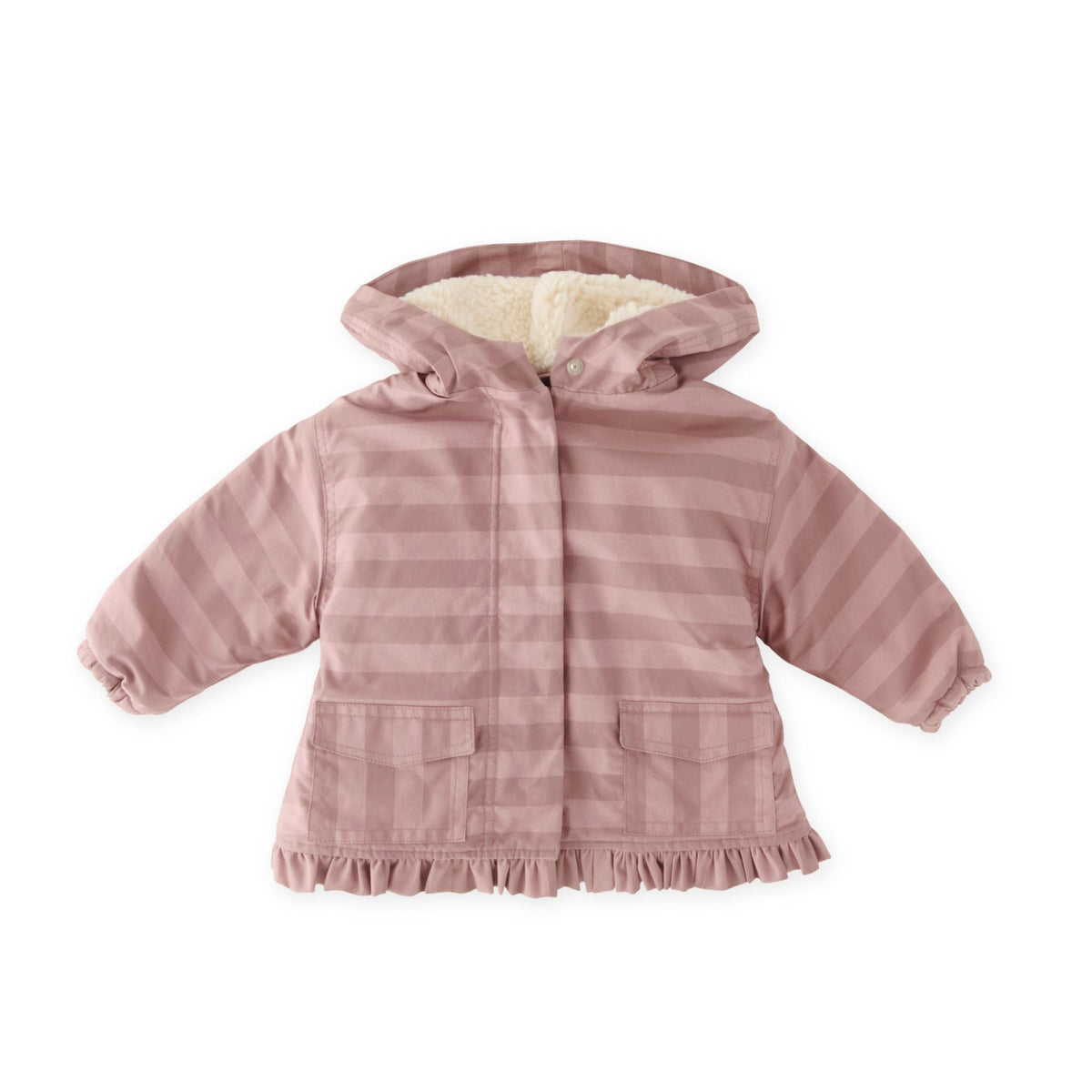 kids sherpa lined storm jacket with ruffles thistle stripe in pinks pattern
