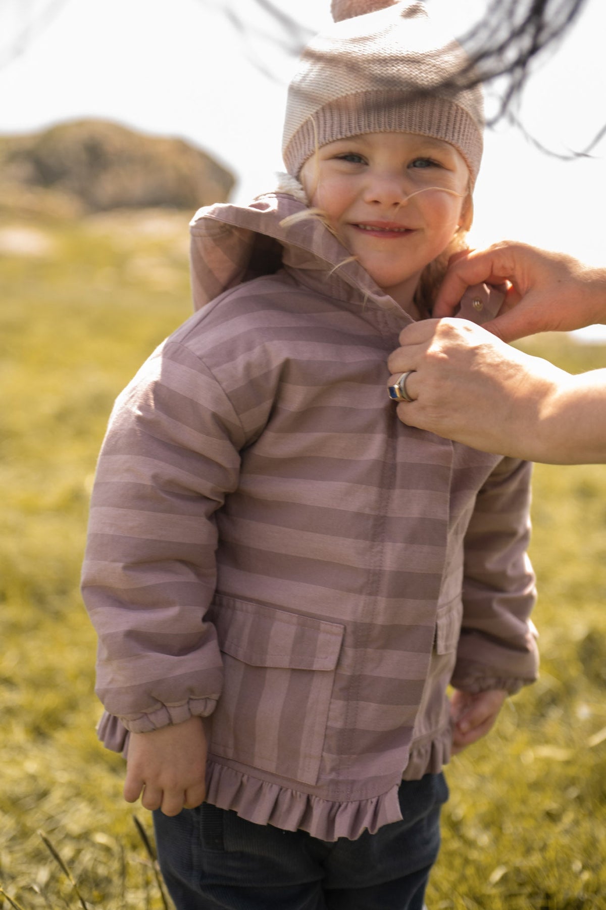 kids sherpa lined storm jacket with ruffles thistle stripe