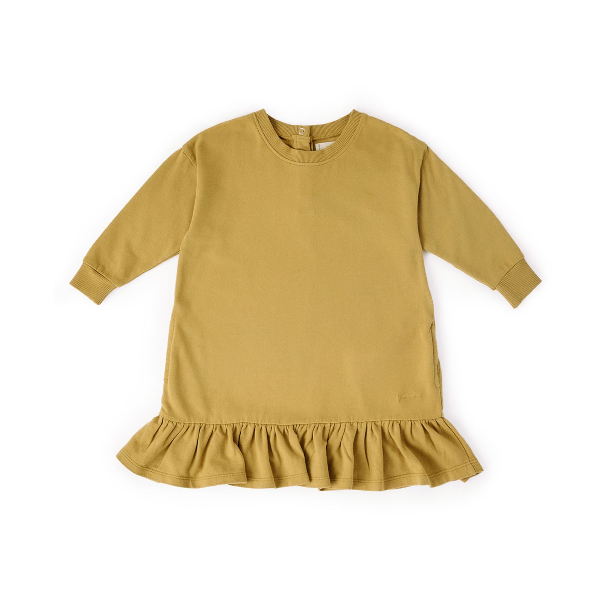 kids french terry kids ruffle hem dress dijon in yellows pattern