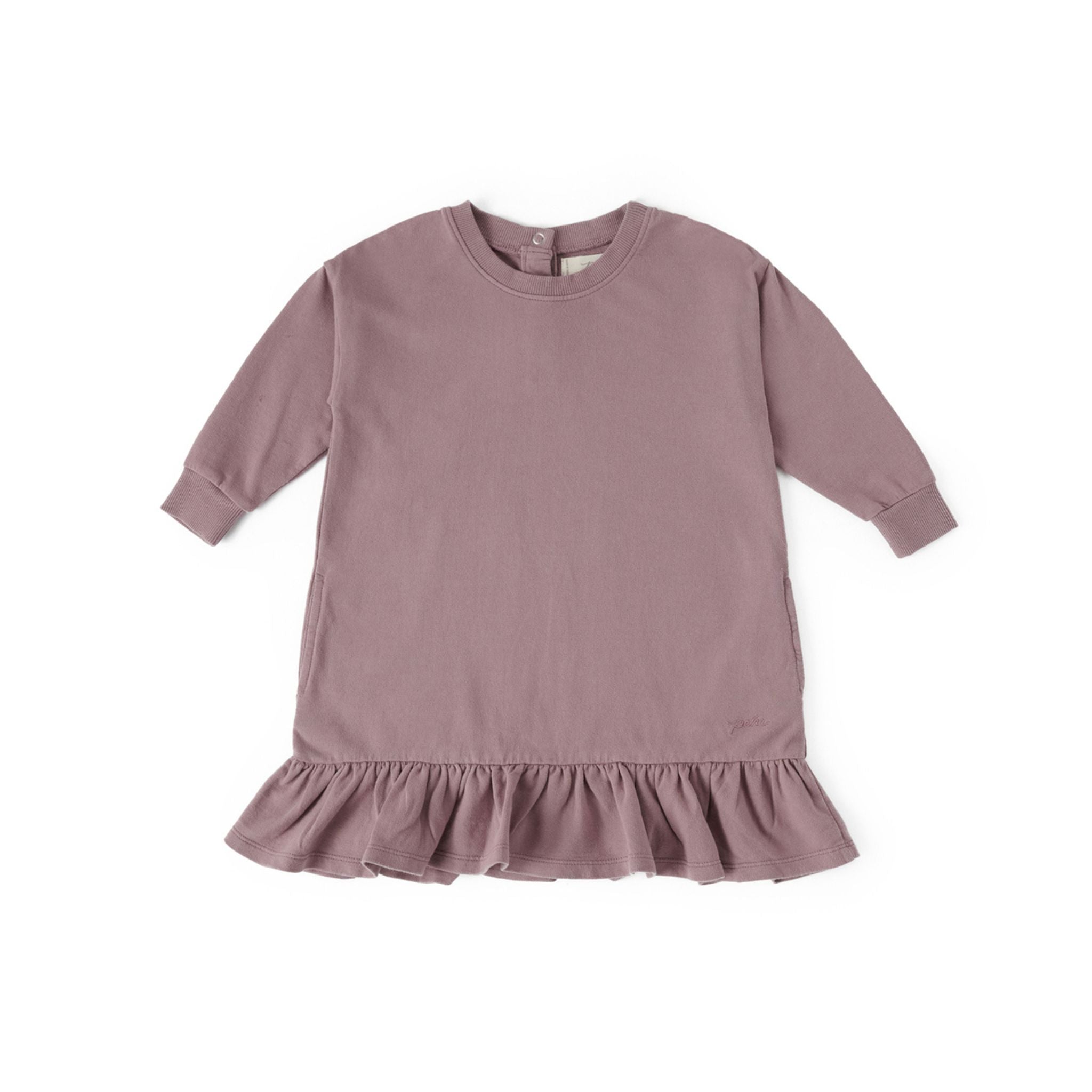 kids french terry kids ruffle hem dress plum in purples pattern