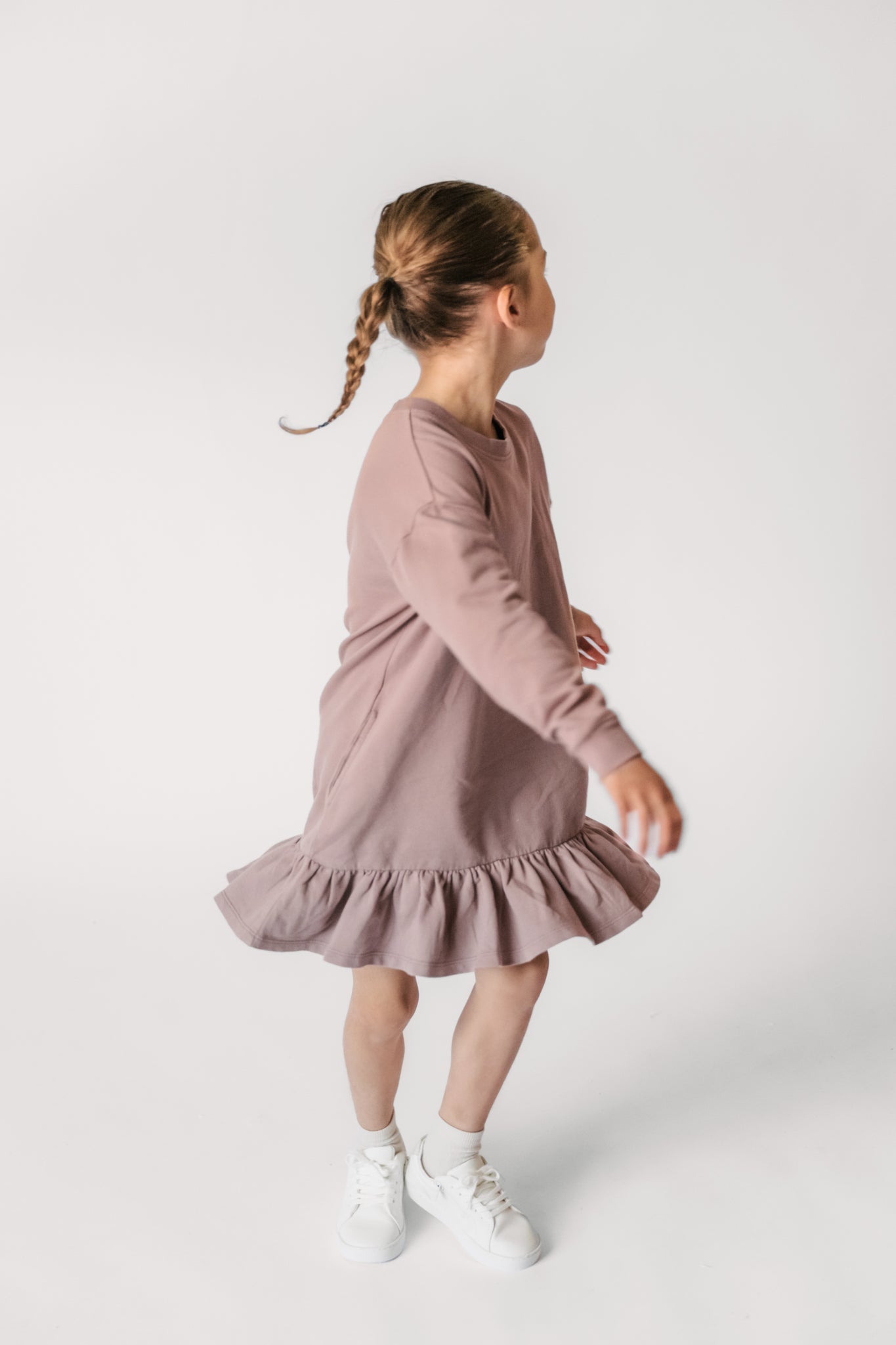 kids french terry kids ruffle hem dress plum
