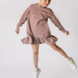 kids french terry kids ruffle hem dress plum