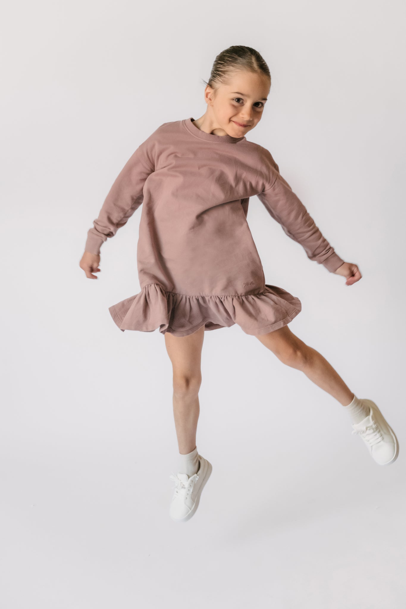 kids french terry kids ruffle hem dress plum