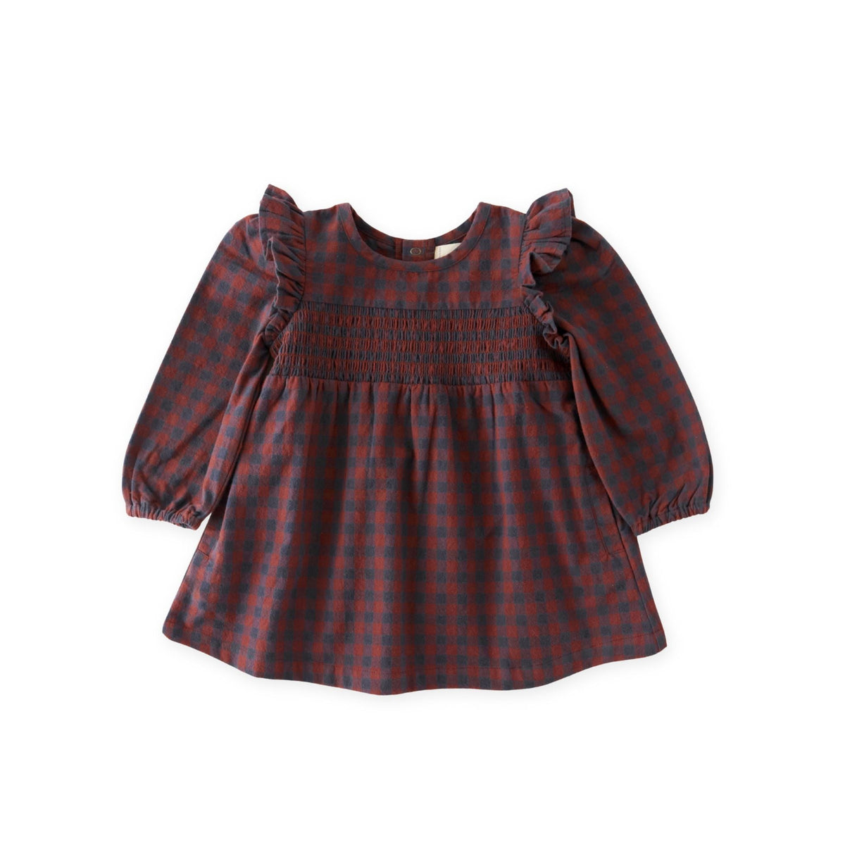 kids flannel smocked dress mulberry/ink in reds pattern