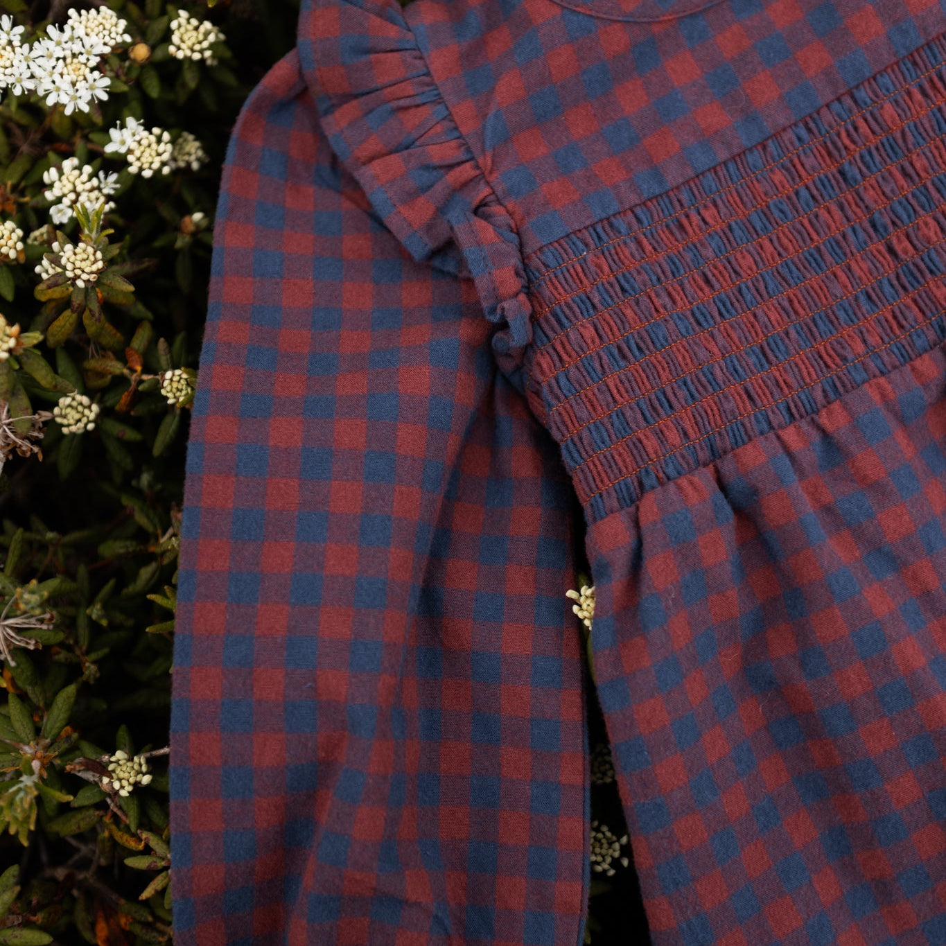kids flannel smocked dress mulberry/ink