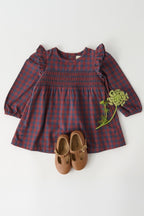 kids flannel smocked dress mulberry/ink