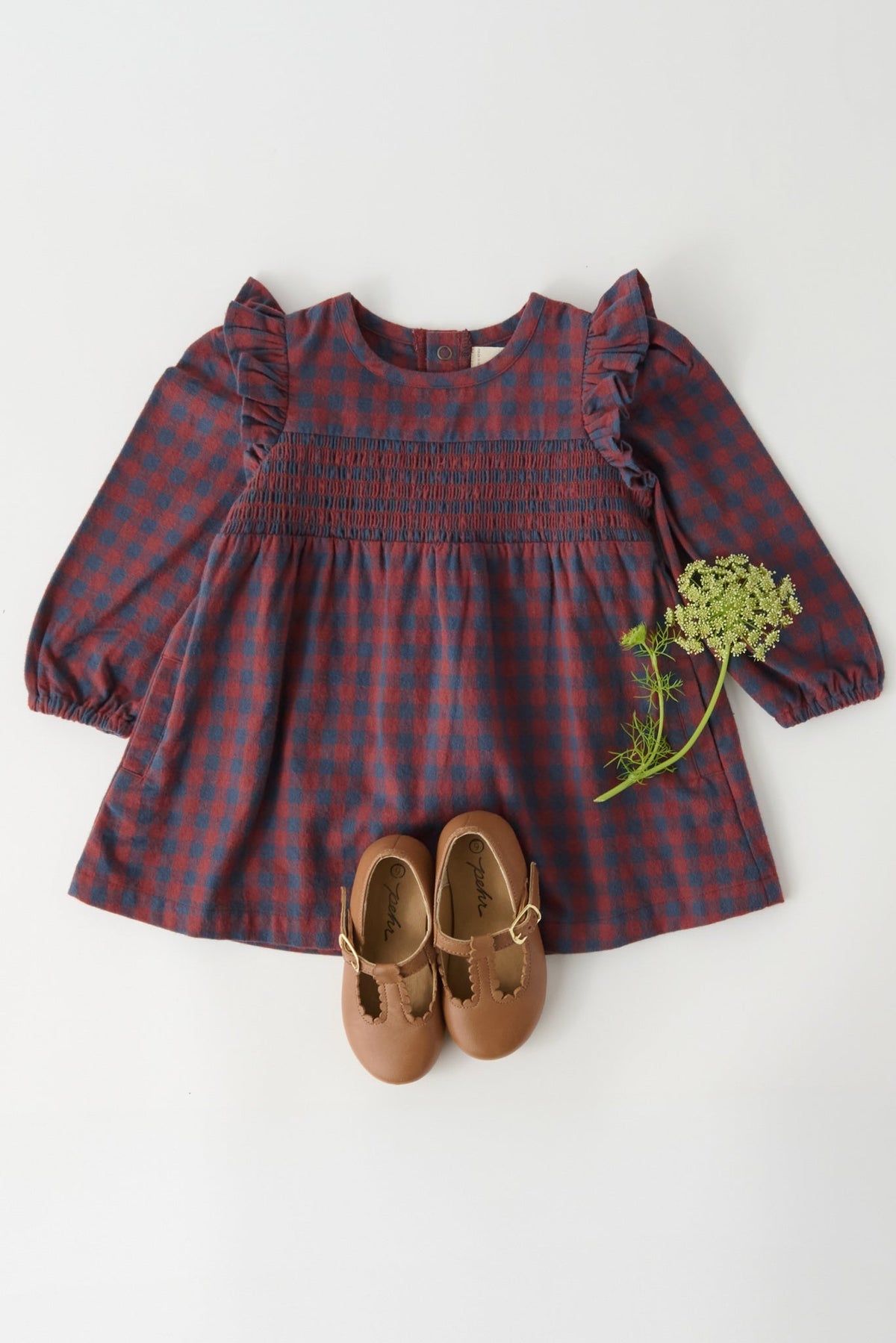 kids flannel smocked dress mulberry/ink