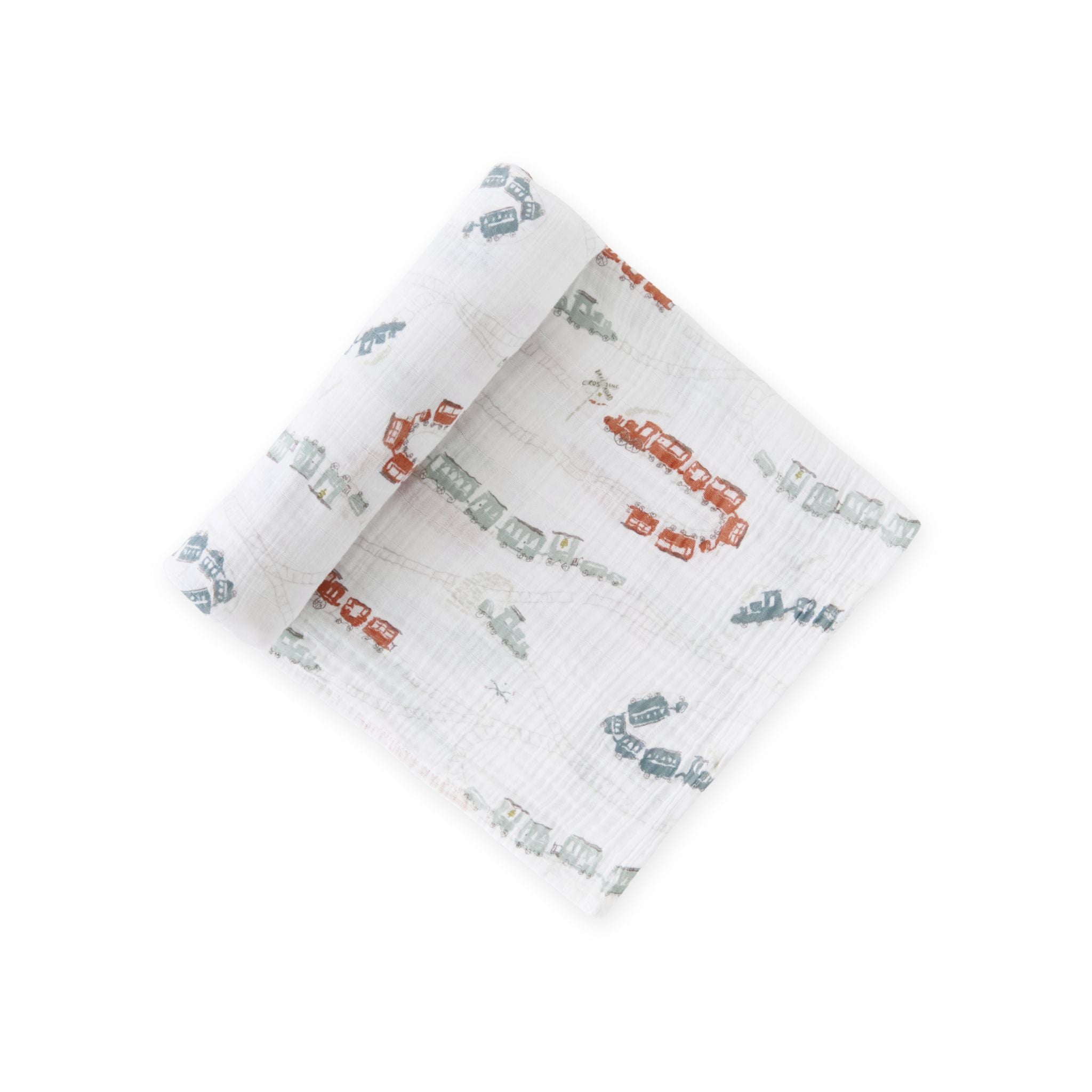 organic cotton muslin swaddle locomotive in blues pattern