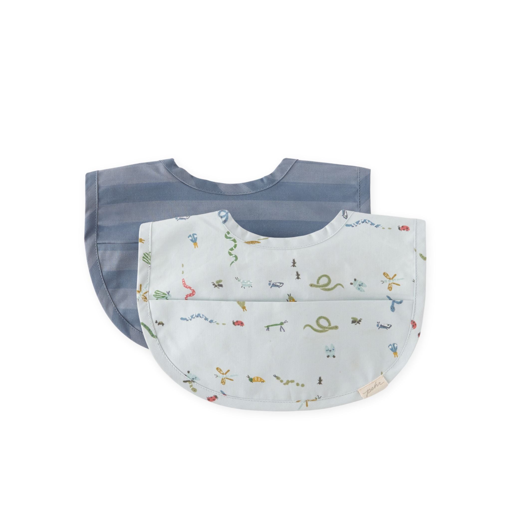 Water-Repellent Baby Bibs with Pocket - Set of 2 - Crawling Critters Blue