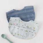 Water-Repellent Baby Bibs with Pocket - Set of 2 - Crawling Critters Blue