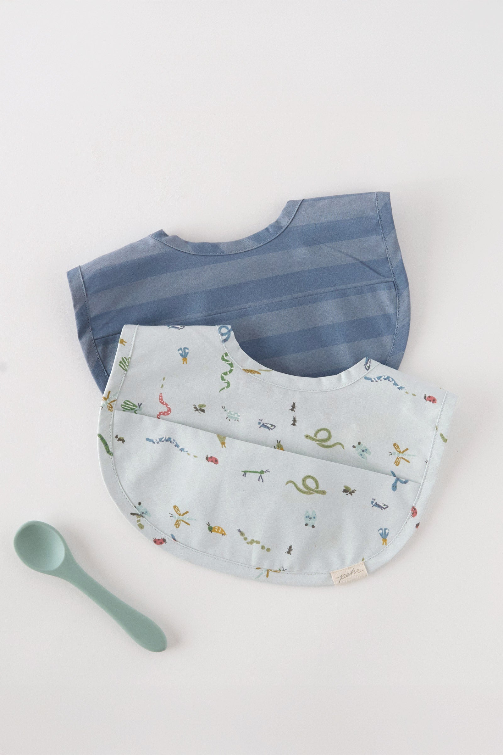 Water-Repellent Baby Bibs with Pocket - Set of 2 - Crawling Critters Blue