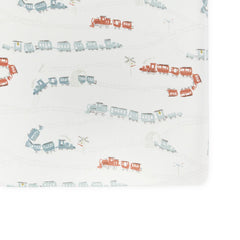 crib sheet locomotive in blues pattern