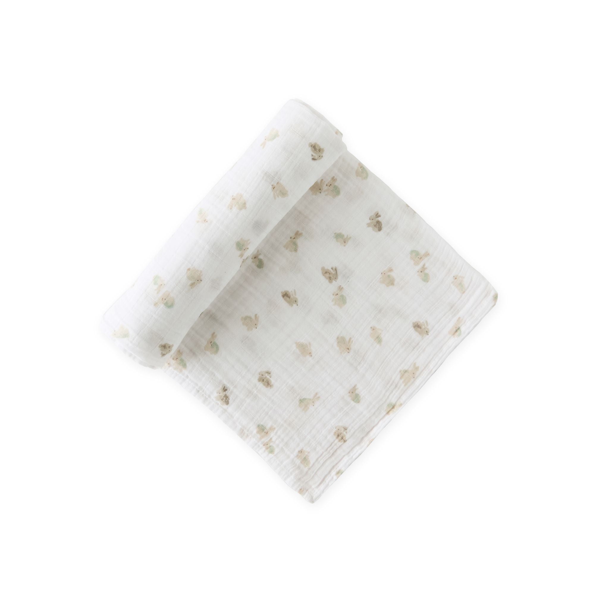 organic cotton muslin swaddle hoppy bunny in blues pattern