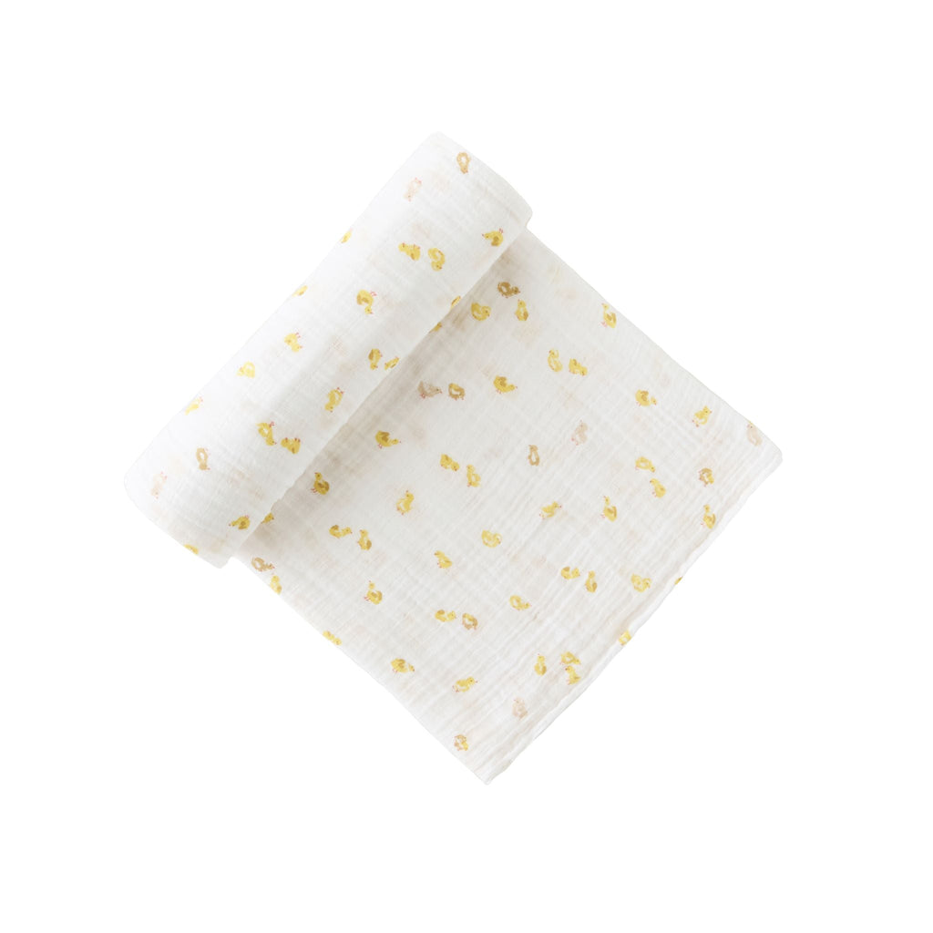 organic cotton muslin swaddle cheerful chick in yellows pattern