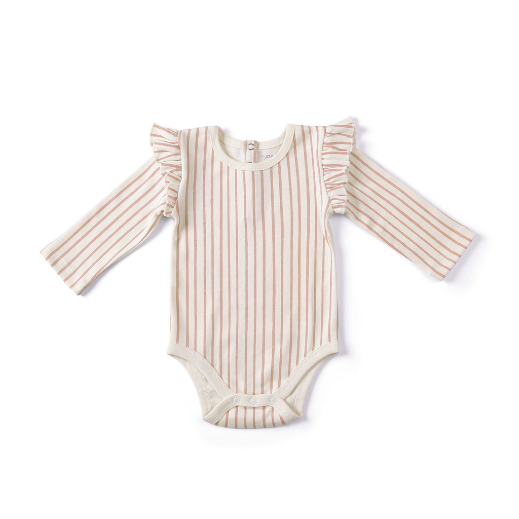 long sleeve ruffle one piece stripes away peony in pinks pattern