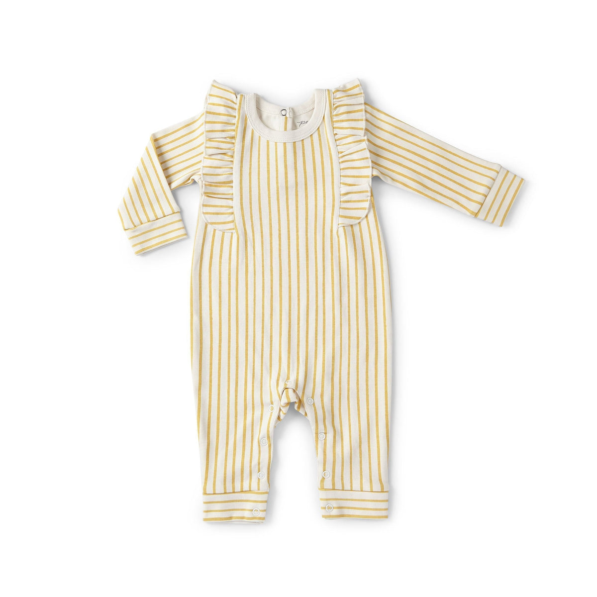 baby ruffle romper stripes away marigold in yellows pattern