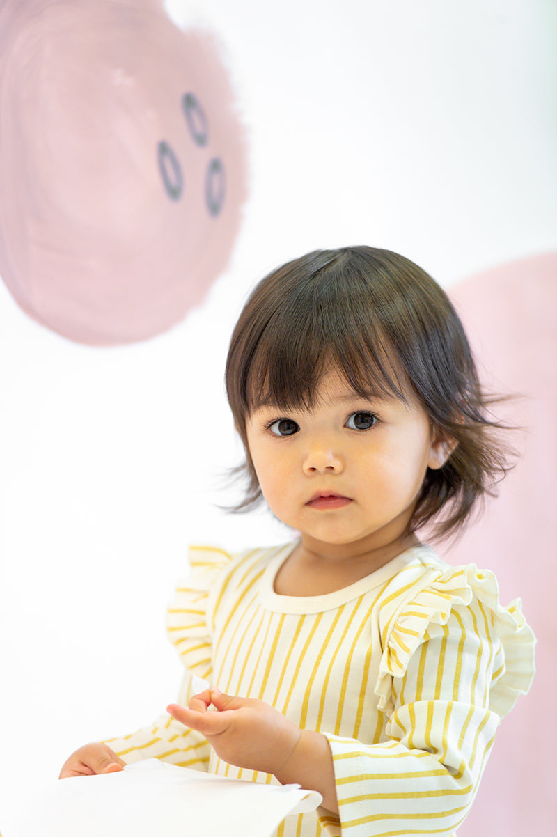 Ruffle Romper - Stripes Away Marigold