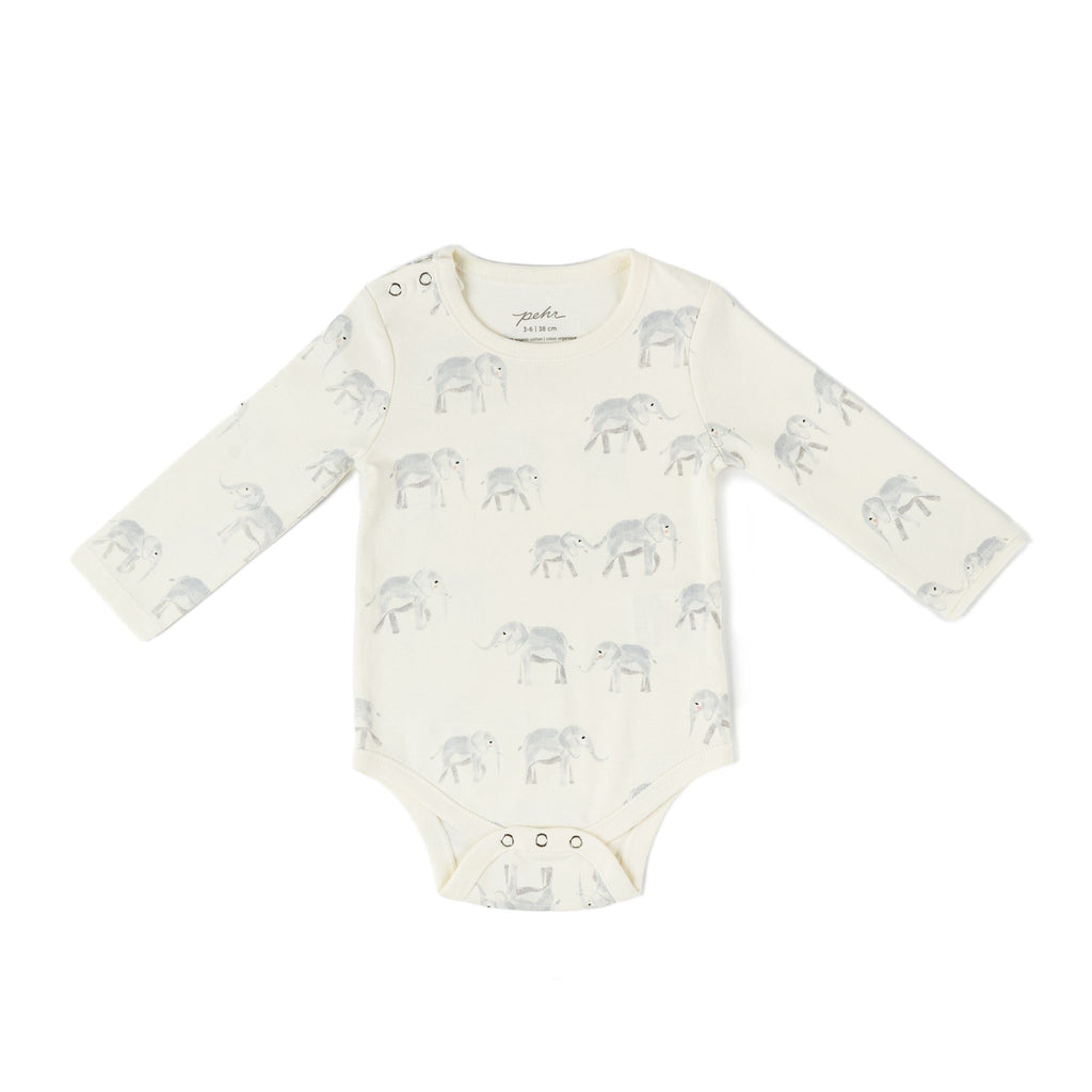 shoulder snap one piece follow me elephant in neutrals pattern