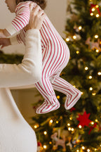Ribbed Baby Sleeper - Stripes Away Berry- Baby being Held- Christmas Tree- Holiday