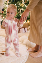 Ribbed Baby Sleeper - Stripes Away Berry- Holding Babies Hand- Christmas Tree- Holiday 