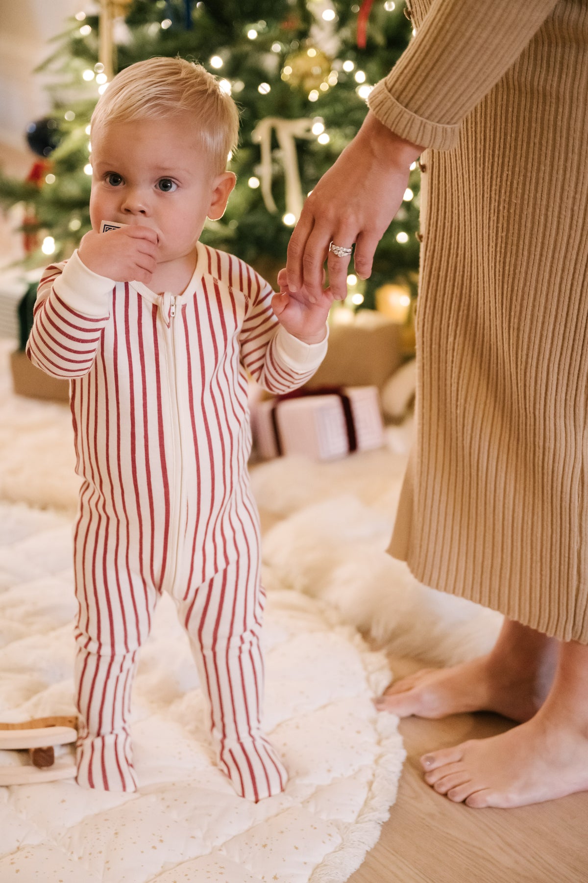 Ribbed Baby Sleeper - Stripes Away Berry- Holding Babies Hand- Christmas Tree- Holiday 