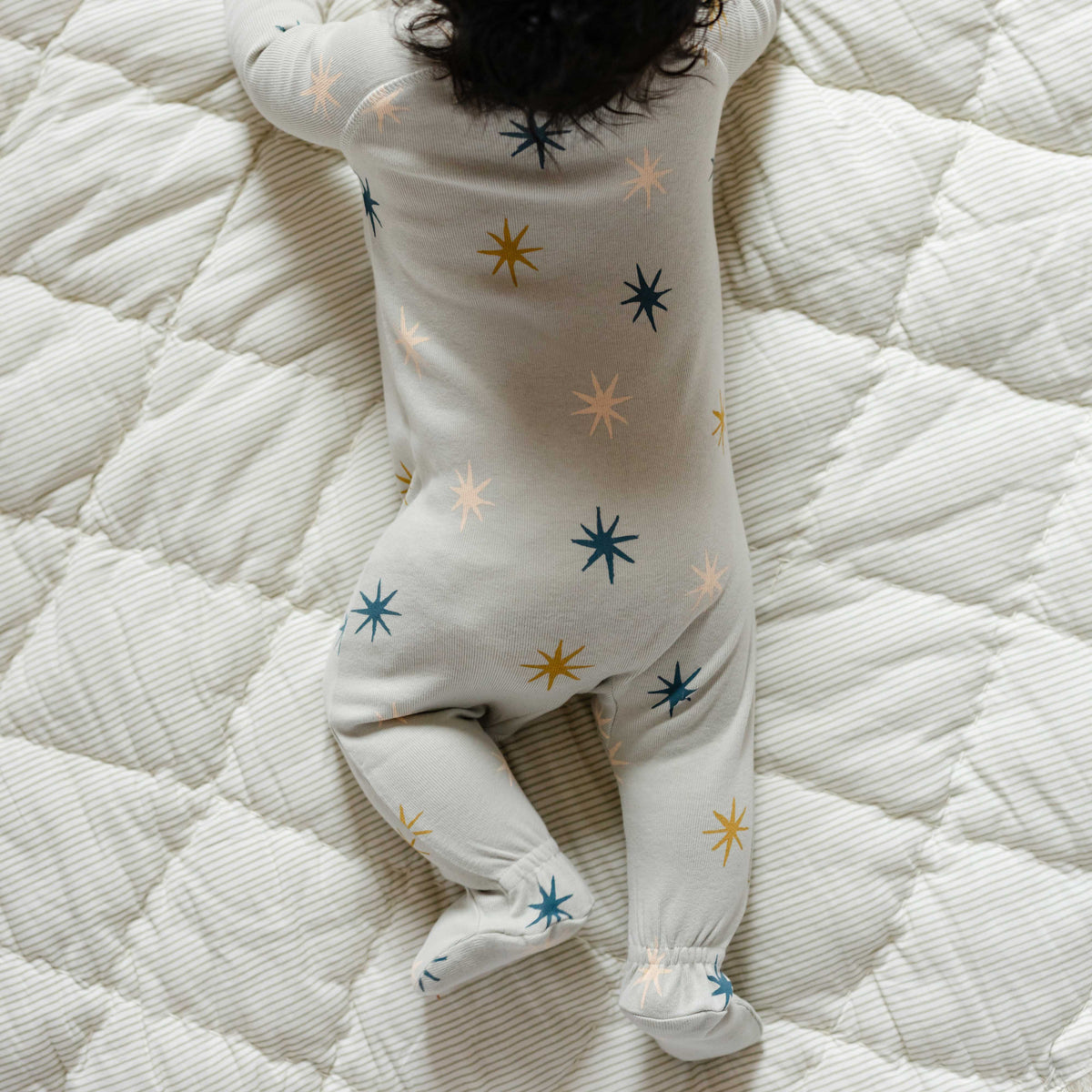 Ribbed Baby Sleeper - North Star- Back Of Baby- Green With Star Print
