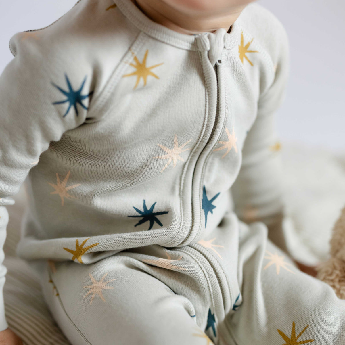 Ribbed Baby Footless Sleeper - North Star- On Baby- Up Close Star Print