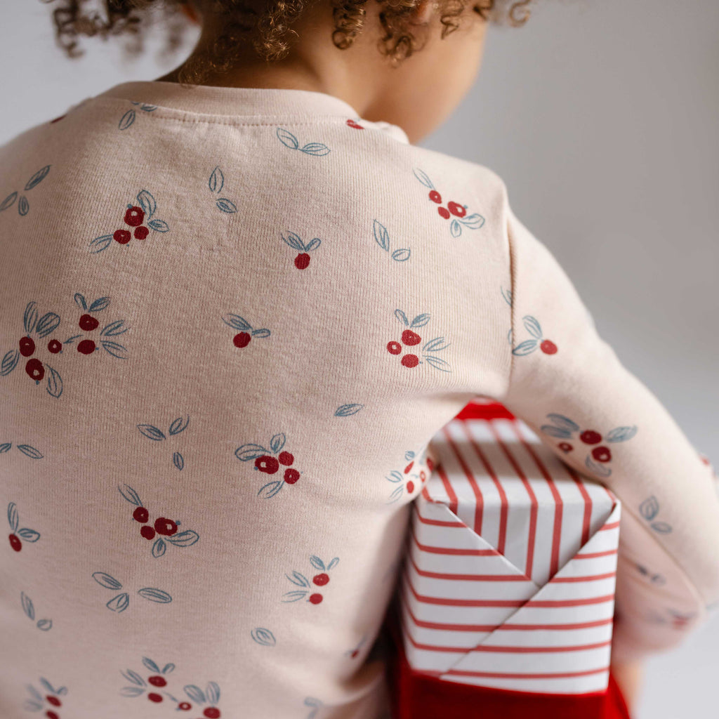 Ribbed Toddler Pajama - Berry Lane- Back Of Child With Present- Holiday Print-Pink With Berries