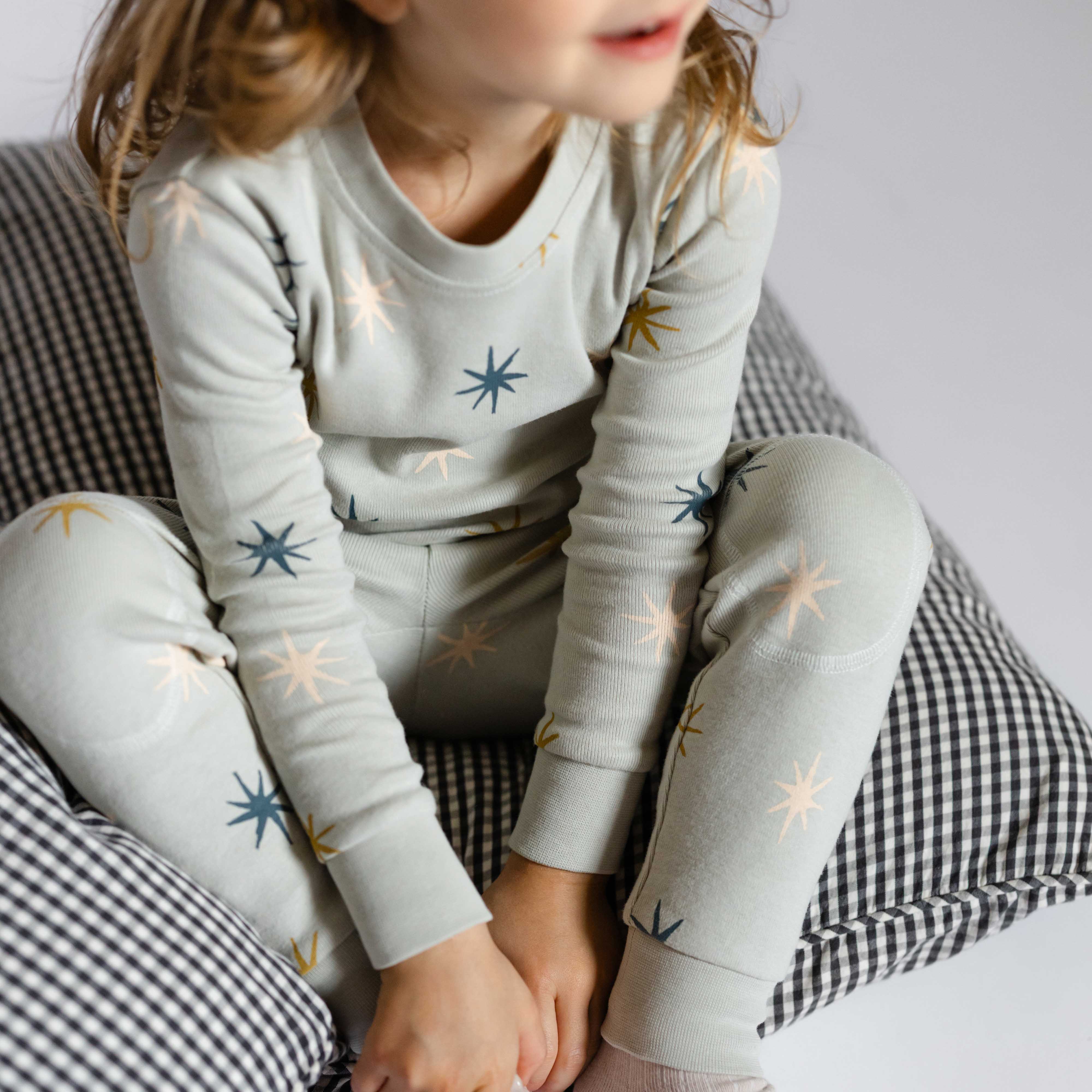 Ribbed Toddler Pajama - North Star- On Toddler- Close Up Green With Star Print
