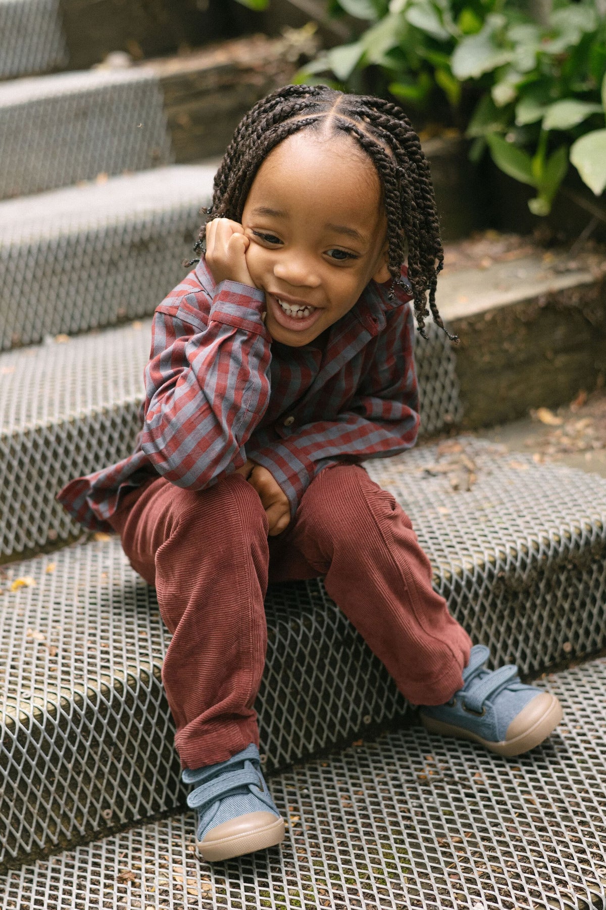 Corduroy Pant - Mulberry- On Model Sitting