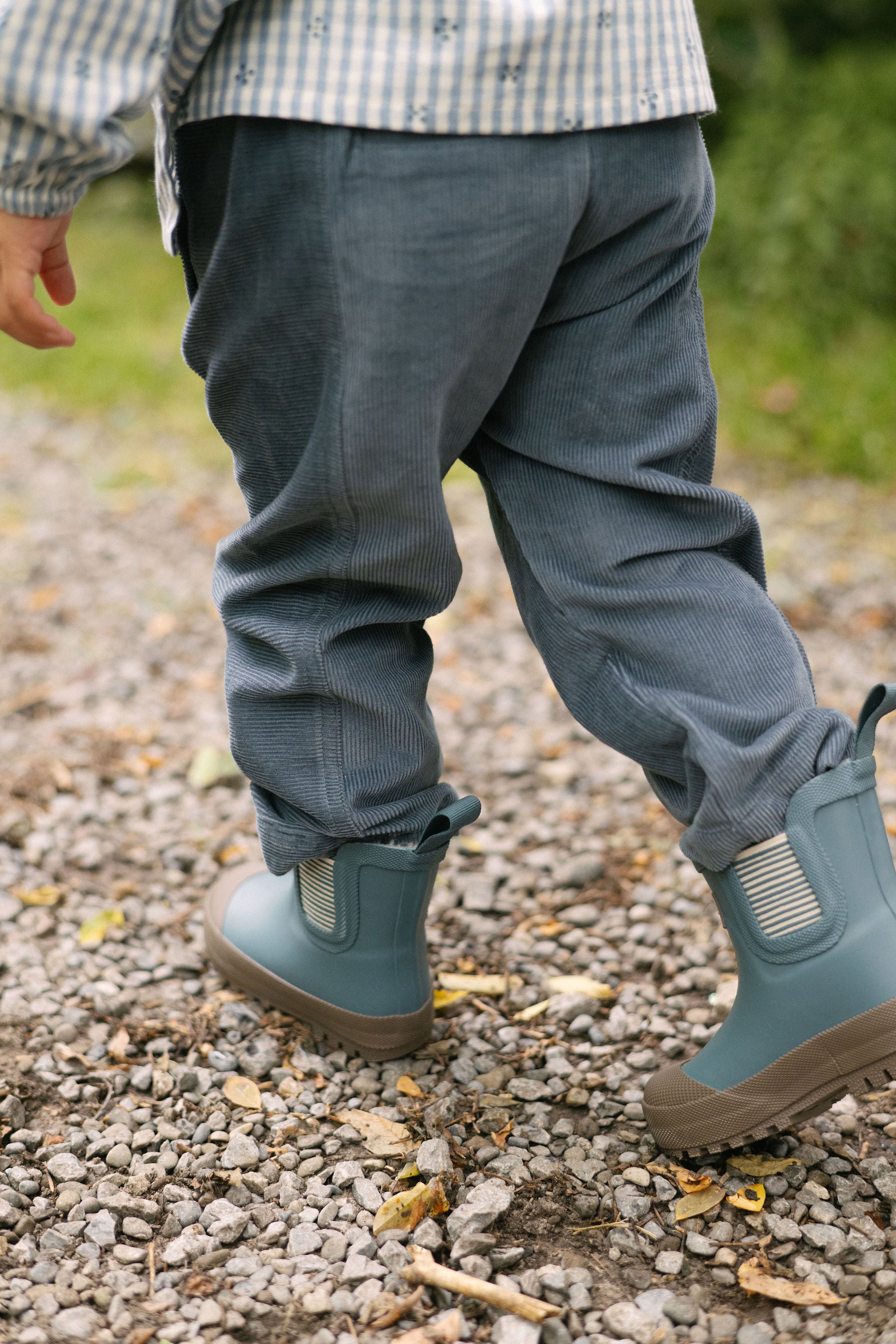 Corduroy Pant - Harbor- Back - Up Close- On Model- Tucked Into Boots