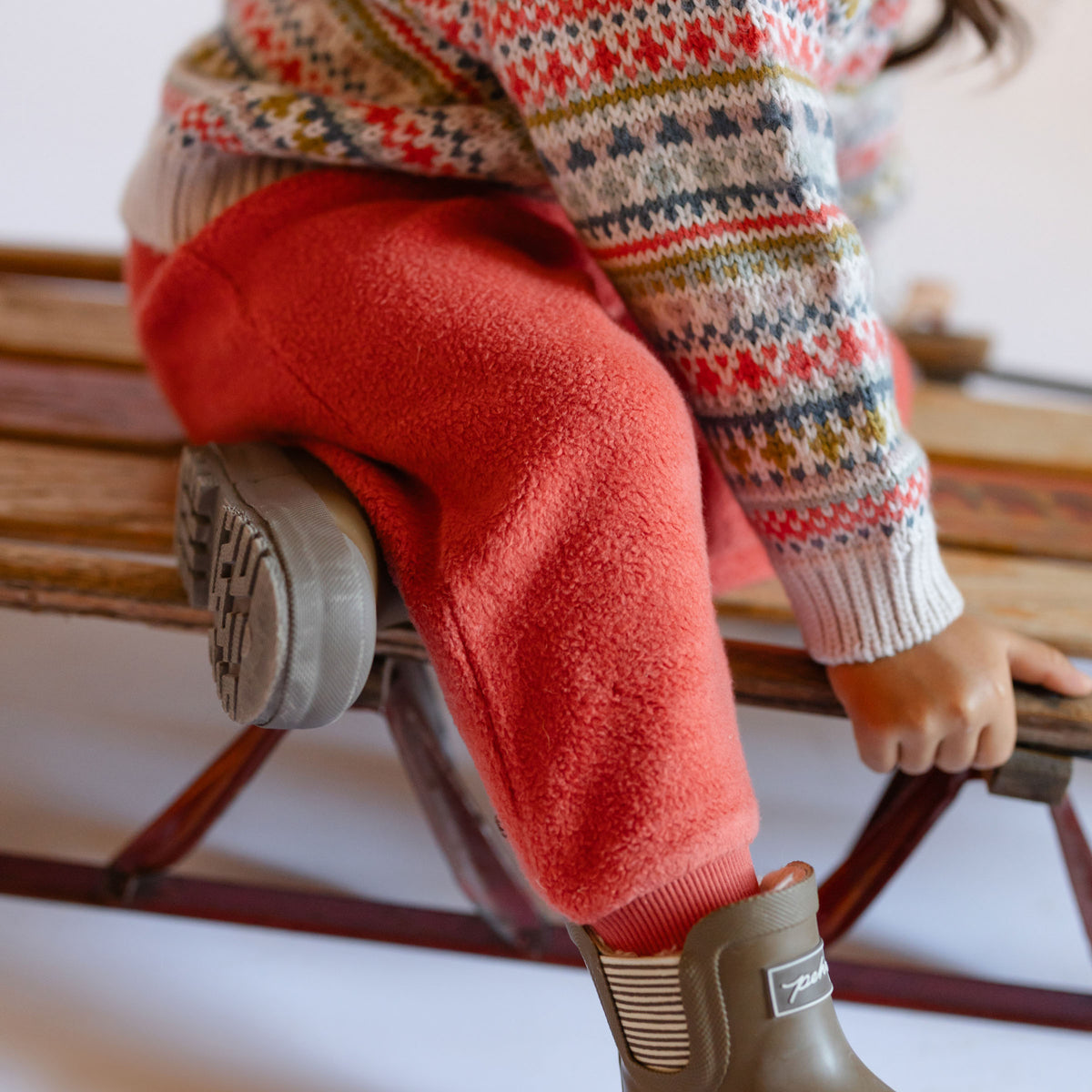 Teddy Fleece Jogger - Apple- On Toddler- Soft Pant Tucked Into Boot