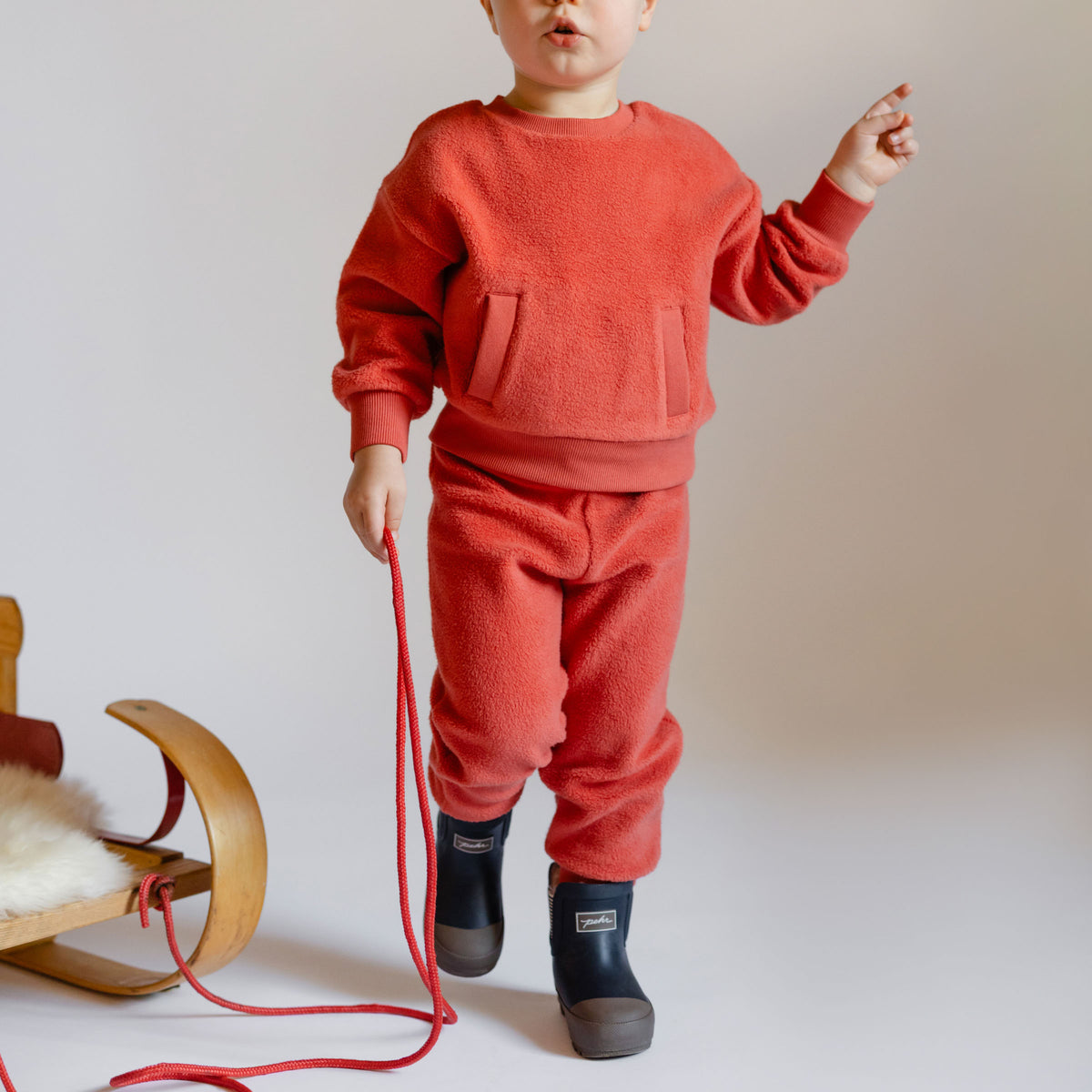 Teddy Fleece Jogger - Apple- On Toddler- Matching Set With Kangaroo Pocket