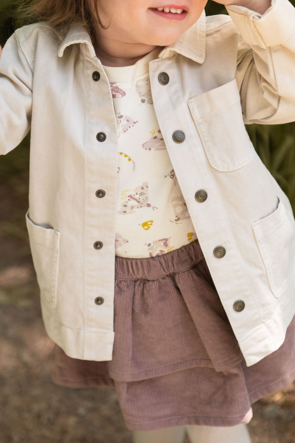 Corduroy Skirt - Thistle- On Model- Up Close- Tiered Skirt
