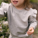 French Terry Toddler Ruffle Sweatshirt - Heather Grey- Front- Up Close- On Model