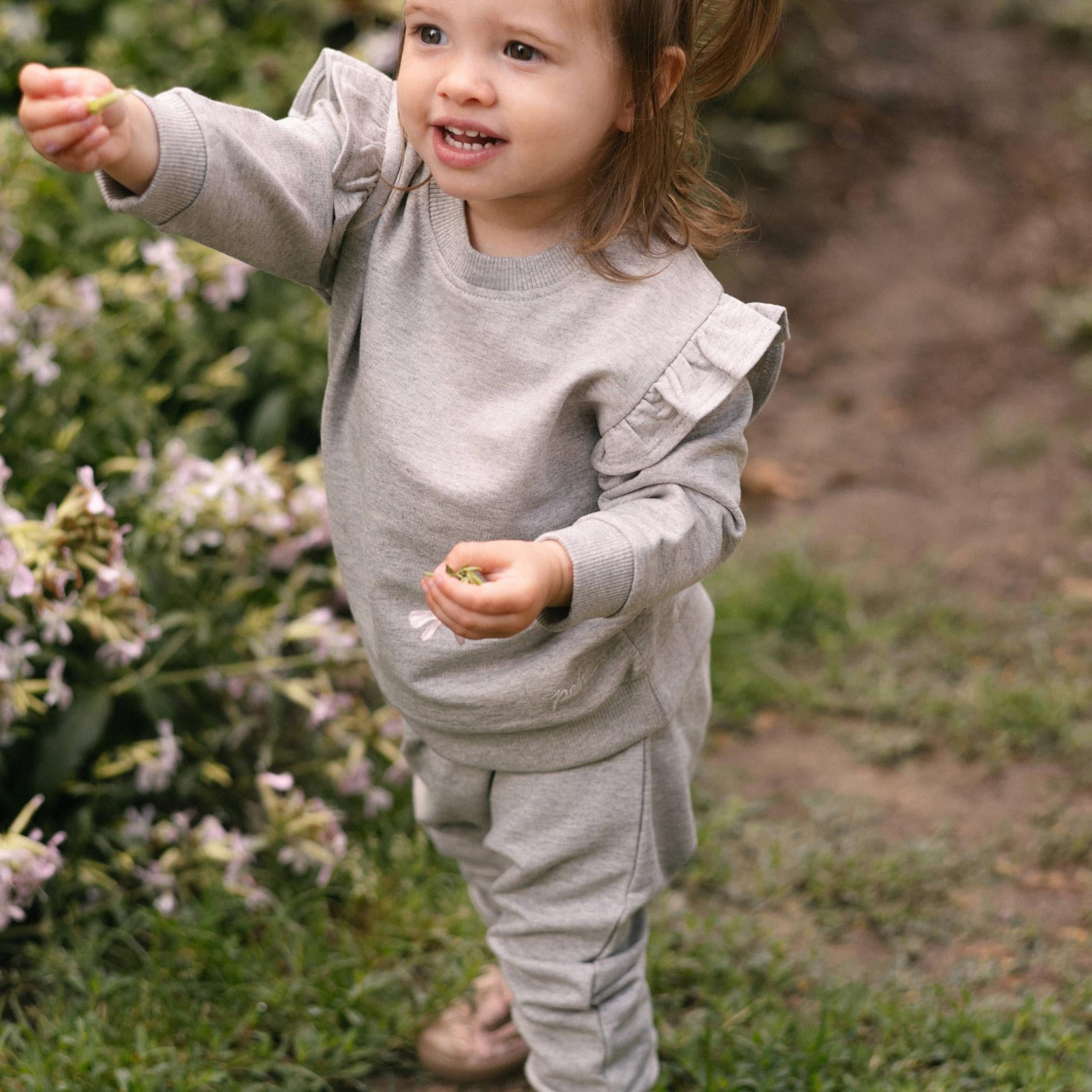 French Terry Toddler Ruffle Sweatshirt - Heather Grey- Side- On Model
