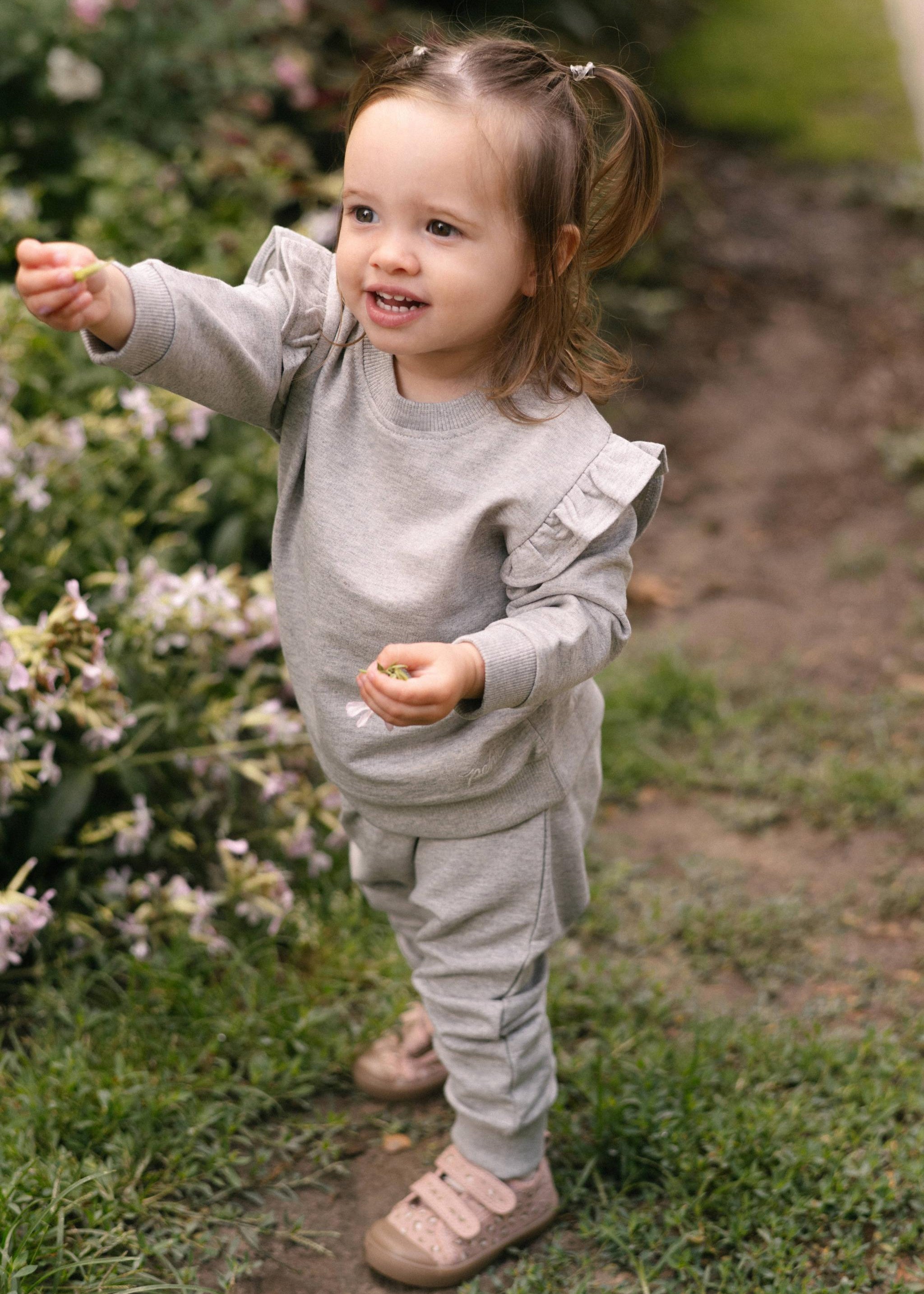French Terry Toddler Ruffle Sweatshirt - Heather Grey- Side- On Model