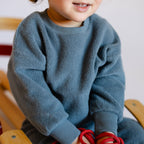 Teddy Fleece Dropped Shoulder Sweatshirt - Slate Blue- On Toddler- Fuzzy Soft