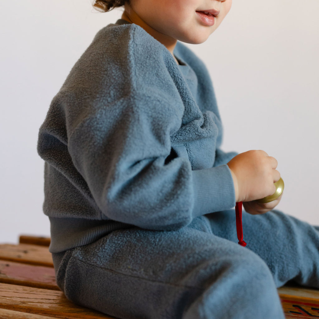 Teddy Fleece Dropped Shoulder Sweatshirt - Slate Blue- On Toddler- Fuzzy Soft- Side of Arm