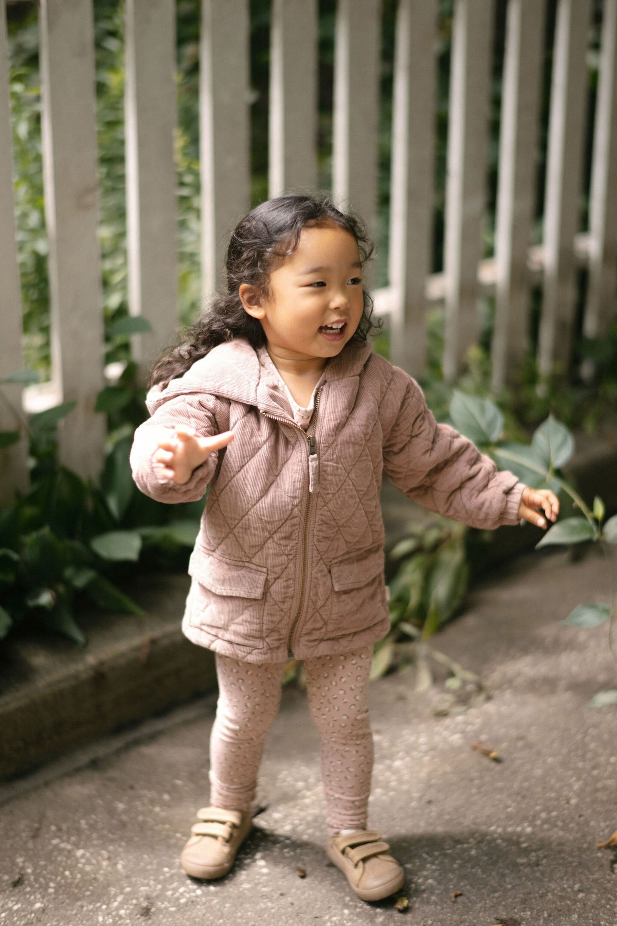 corduroy quilted jacket thistle in pinks pattern front of toddler 