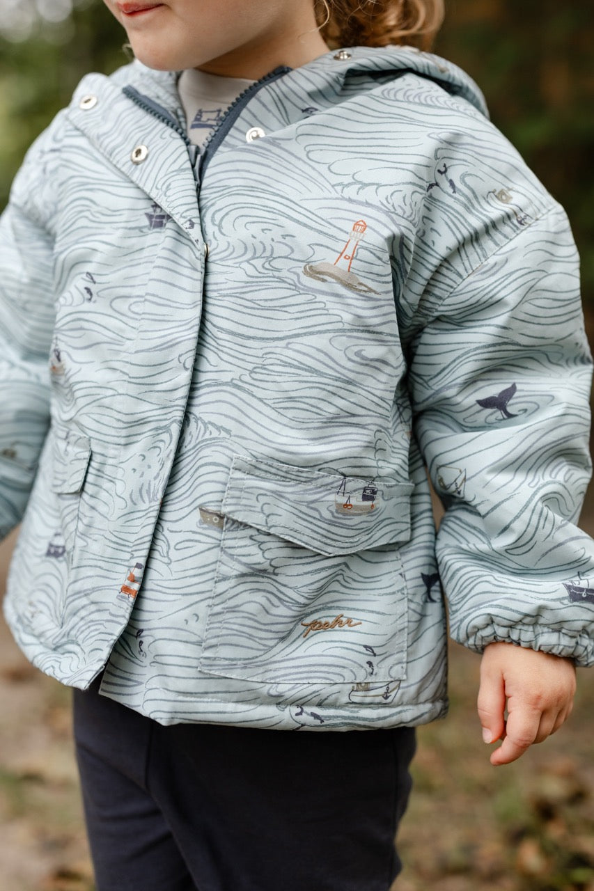 Sherpa Lined Storm Jacket - High Seas - Blue- Front- Roaring Seas with Light House Print