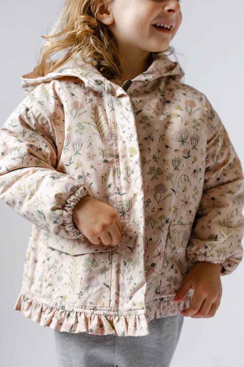 Sherpa Lined Storm Jacket with Ruffles - Wildflower- Toddler- Close Up- Cuffed Sleeves and Bottom Ruffle