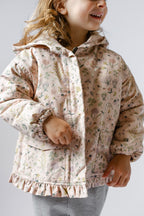 Sherpa Lined Storm Jacket with Ruffles - Wildflower- Toddler- Close Up- Cuffed Sleeves and Bottom Ruffle