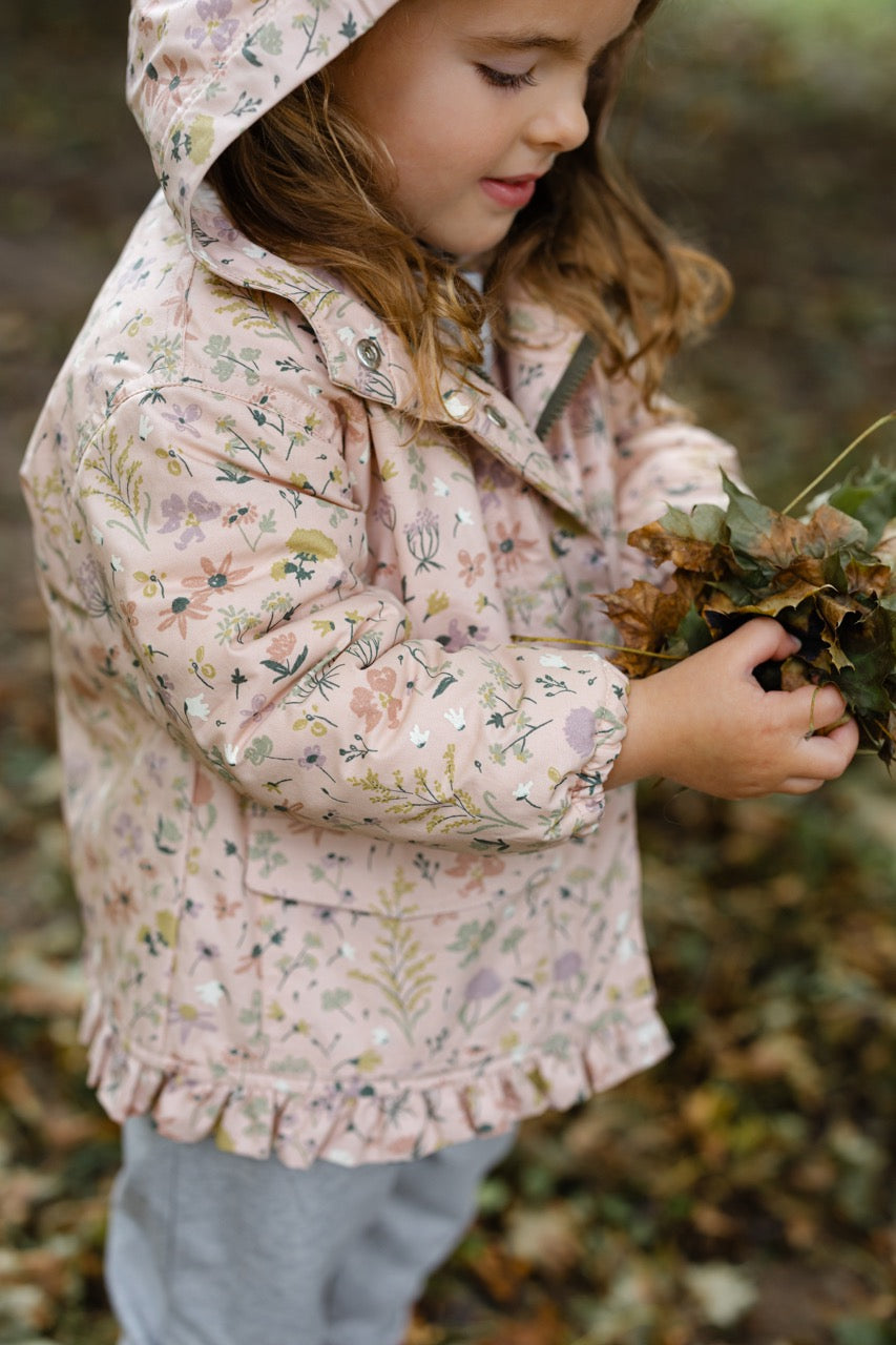 Sherpa Lined Storm Jacket with Ruffles - Wildflower- Toddler- Pink Floral Print- Bottom Ruffle