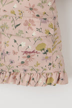 Sherpa Lined Storm Jacket with Ruffles - Wildflower- Up Close Logo and Ruffle Detail- Pink Floral Print