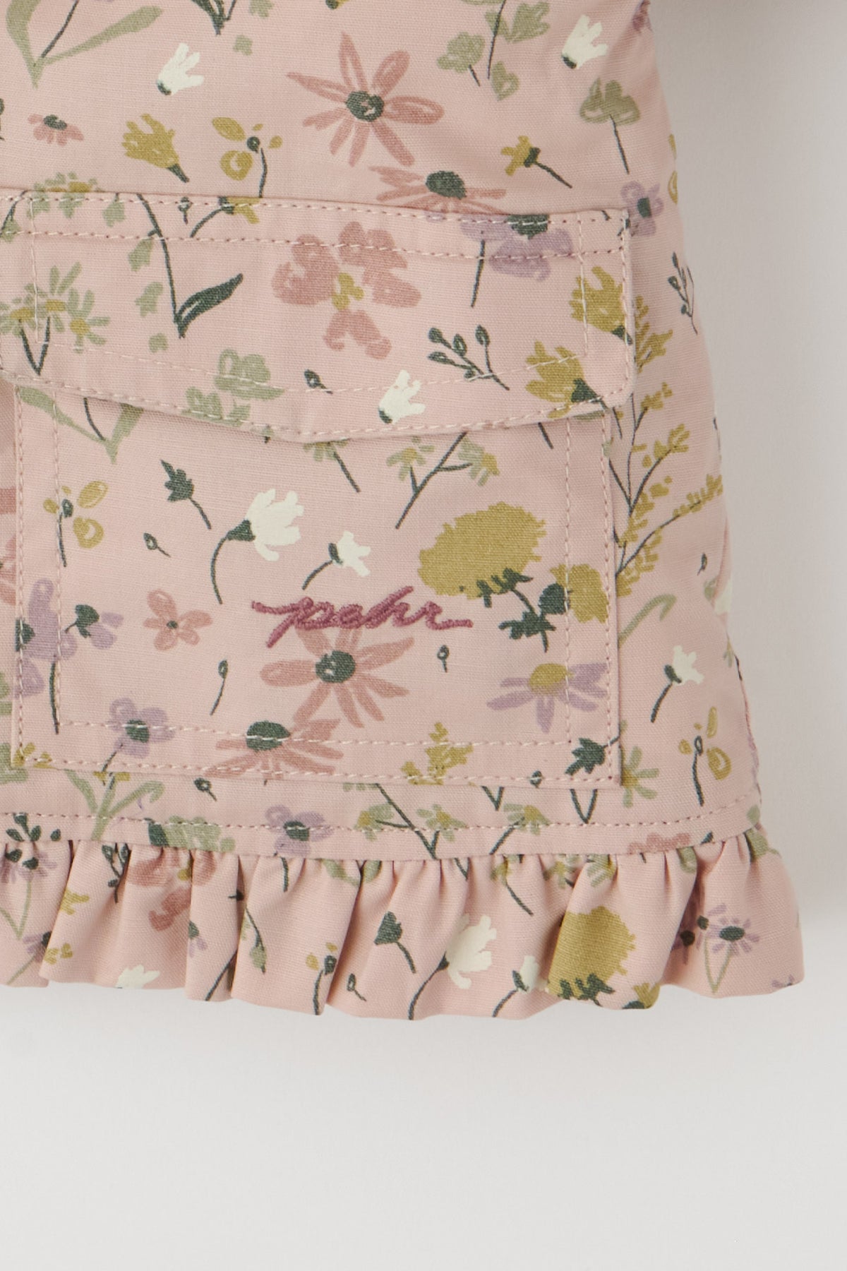 Sherpa Lined Storm Jacket with Ruffles - Wildflower- Up Close Logo and Ruffle Detail- Pink Floral Print