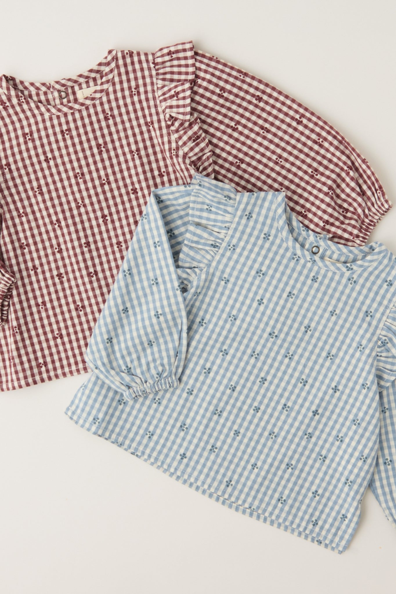 Printed Gingham Ruffle Top - Mulberry Clover- Group Flat Lay