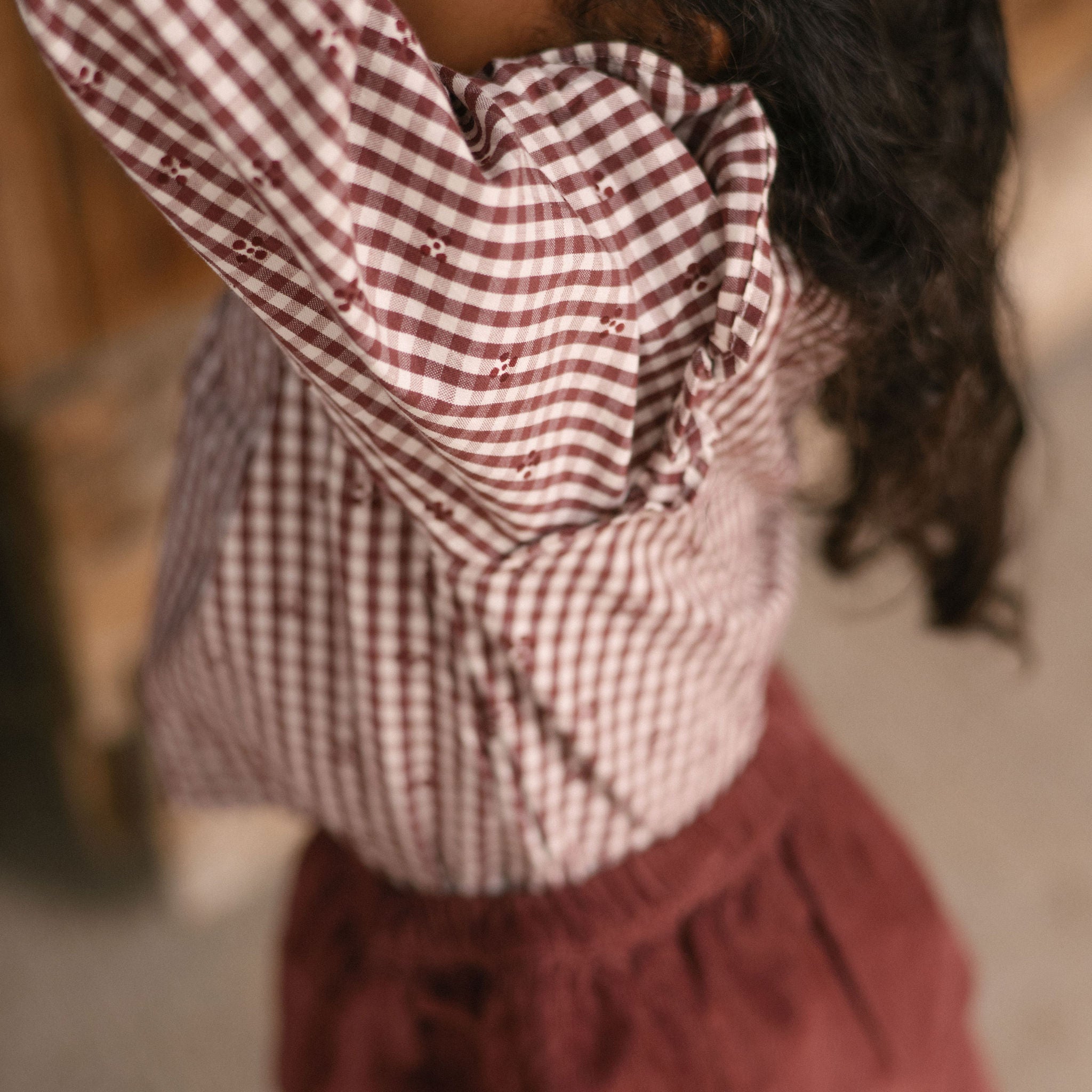 Printed Gingham Ruffle Top - Mulberry Clover- On Model- Side