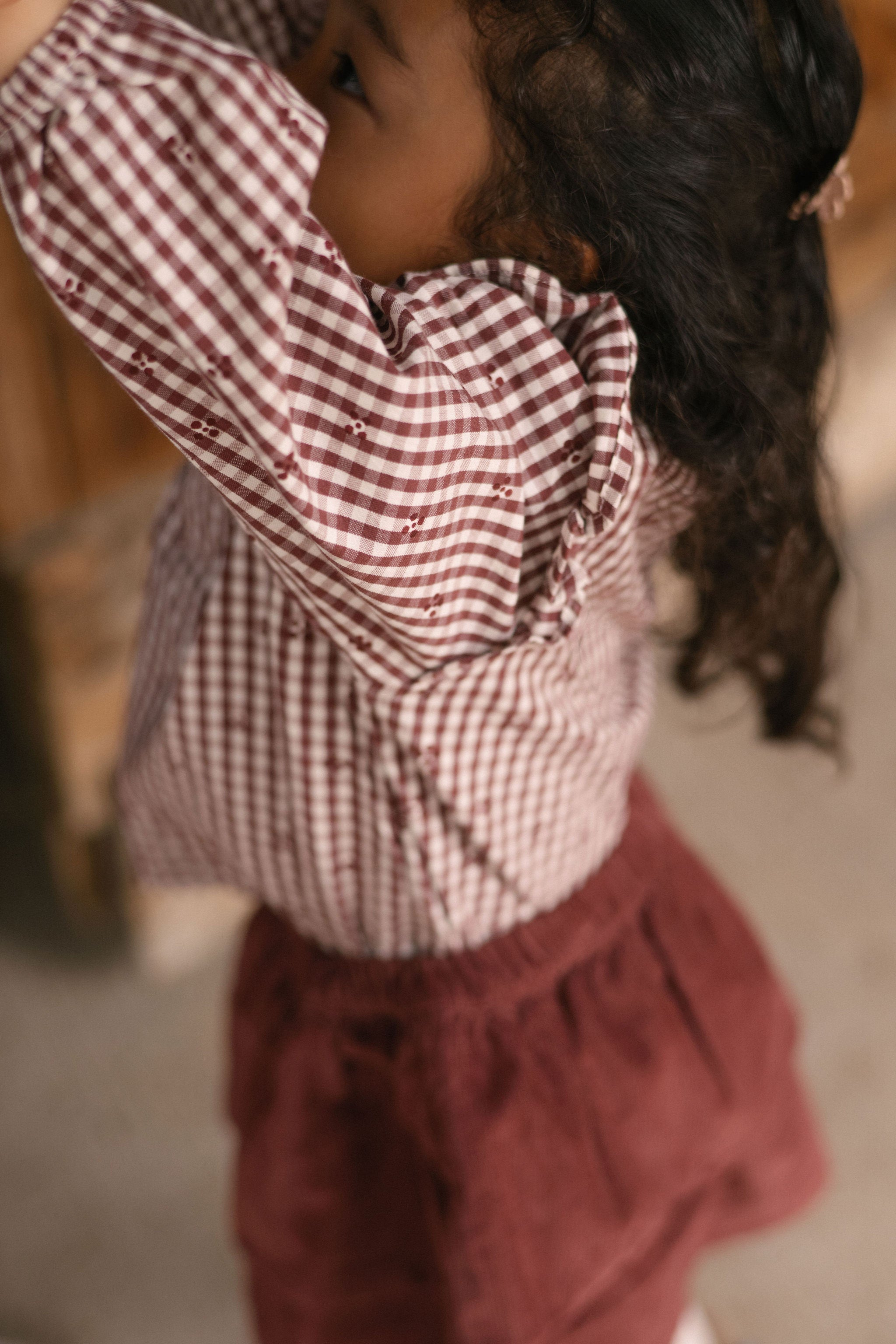 Printed Gingham Ruffle Top - Mulberry Clover- On Model- Side
