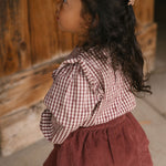 Printed Gingham Ruffle Top - Mulberry Clover- Side- On Model